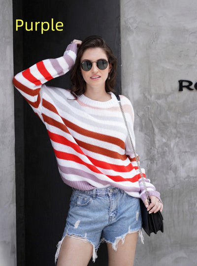 Rainbow Contrast Striped Round Neck Sweater