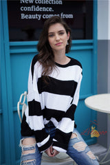 Color Matching Stripes Rolled Edges Sweater