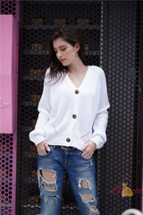 Solid Color Button V-neck Loose Sweater