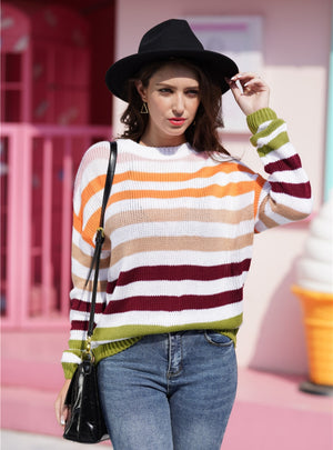 Rainbow Contrast Striped Round Neck Sweater