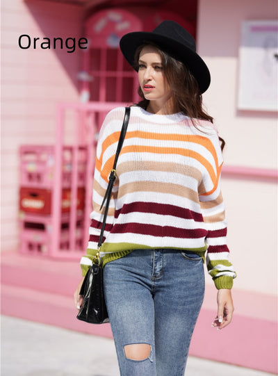 Rainbow Contrast Striped Round Neck Sweater