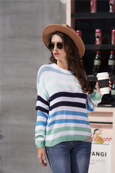 Rainbow Contrast Striped Round Neck Sweater