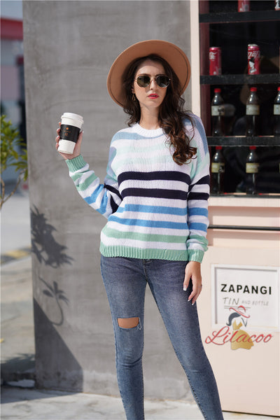 Rainbow Contrast Striped Round Neck Sweater