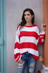 Color Matching Stripes Rolled Edges Sweater