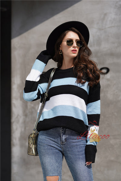 Women Spliced Pullover Loose Sweater