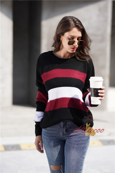 Women Spliced Pullover Loose Sweater