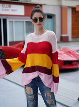 Large Size Loose Flared Sleeve Striped Sweater