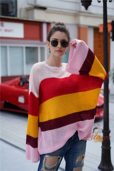 Large Size Loose Flared Sleeve Striped Sweater