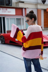 Large Size Loose Flared Sleeve Striped Sweater