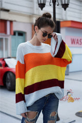 Large Size Loose Flared Sleeve Striped Sweater