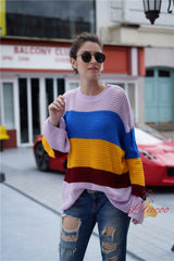 Large Size Loose Flared Sleeve Striped Sweater