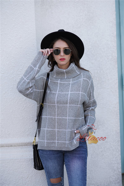 Loose Check High Neck Sweater