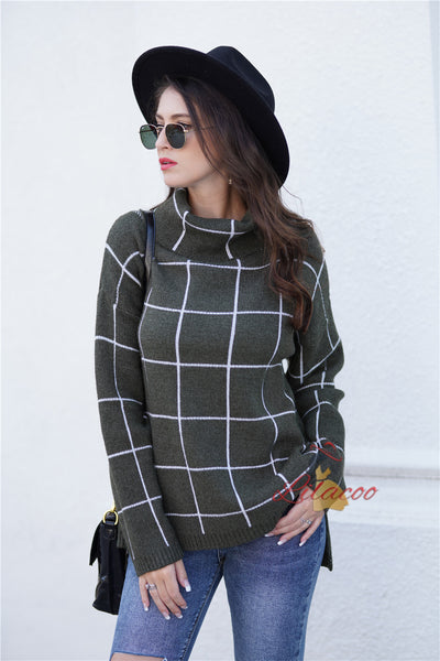 Loose Check High Neck Sweater