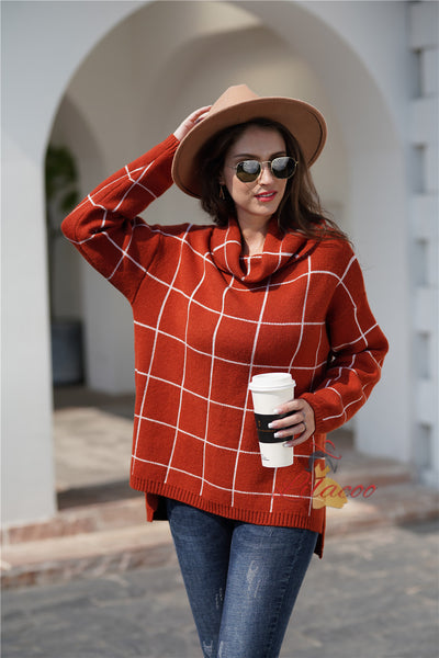 Loose Check High Neck Sweater