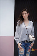 Solid Color Button V-neck Loose Sweater