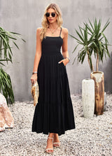 Sling Pleats Solid Color Dress