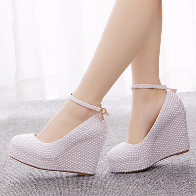 11cm Round Toe Wedge Pearl Wedding Shoes