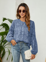 Lantern Sleeve Round Neck Pleated Shirt