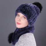 Rex Rabbit Fur Hat Scarf Winter Two-piece Set