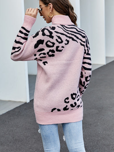 Loose and Long Turtleneck Leopard-print Sweater