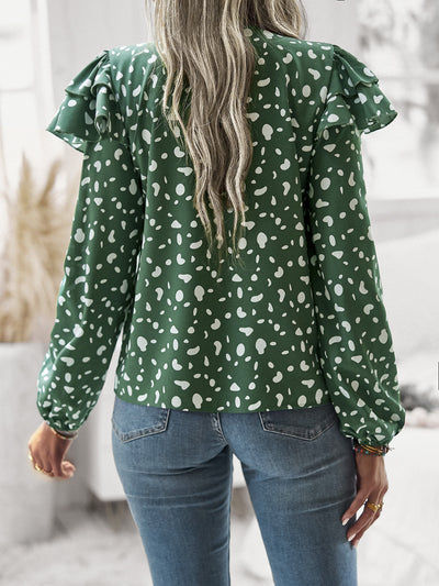 Printed Casual Lotus Leaf Sleeve Stitching Top