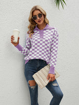 Turtleneck Plaid Color Matching Sweater