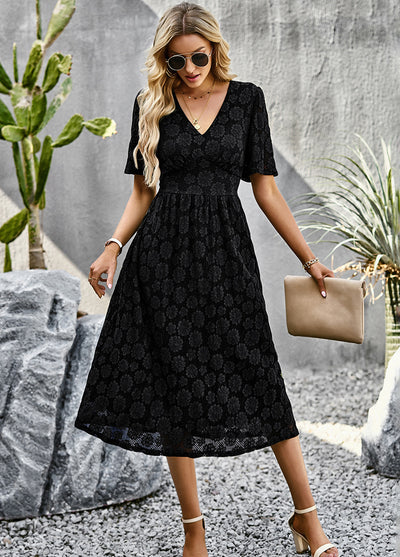 Silm Waist V-neck Lace Dress