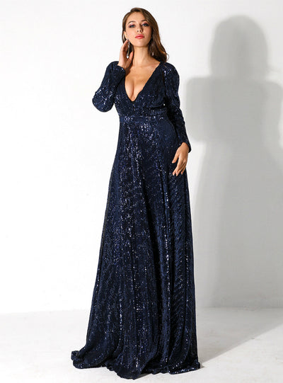 Sexy Deep V Hollow Pleated Split Sequined Evening Dress 