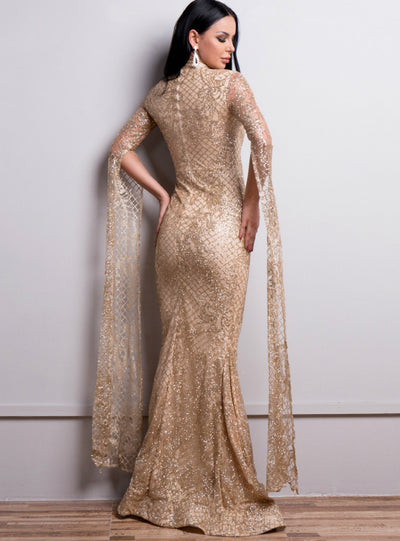 Long Sleeve Mesh Sparkling Sequined Evening Dress 