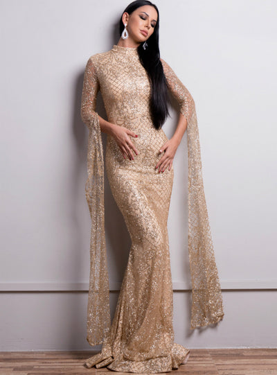 Long Sleeve Mesh Sparkling Sequined Evening Dress 