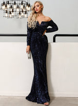 Sexy Shoulder Sequins Long Sleeve Party Dress