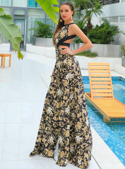 V-neck Ahoulder-length Split Backless Printed Dress