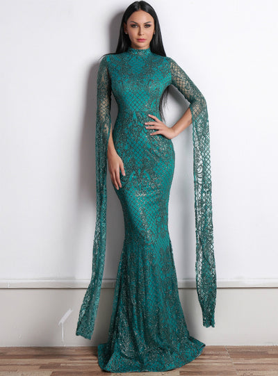 Long Sleeve Mesh Sparkling Sequined Evening Dress 