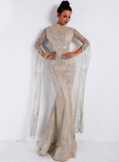 Long Sleeve Mesh Sparkling Sequined Evening Dress 