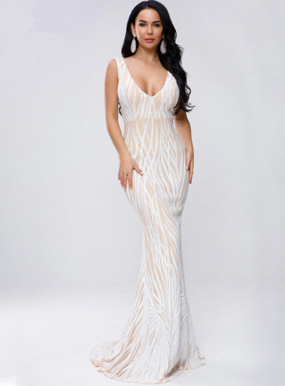 Sexy Stripe Deep V-neck Sequin Party Wedding Dress