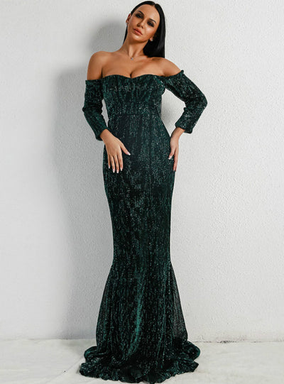 Sexy V-neck Shoulder Long Sleeve Strapless Dress