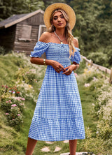 Leisure Holiday Off the Shoulder Plaid Dress