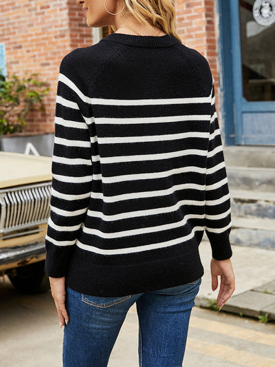 Women Striped Button Blouse Sweater