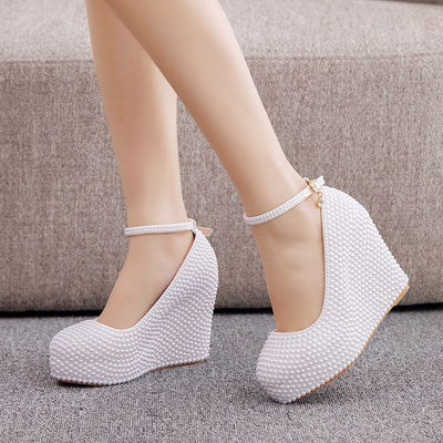 11cm Round Toe Wedge Pearl Wedding Shoes