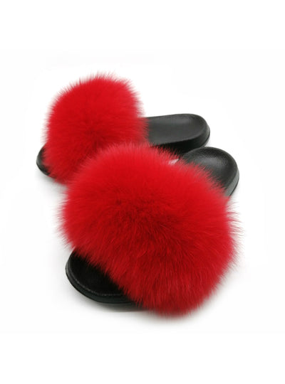 Summer Women Fox Fur Slippers Real Fur Slides Female