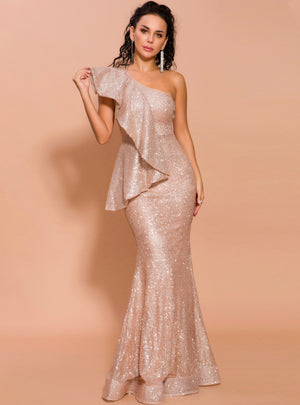 Lotus Leaf Brim Shoulder Sparkling Sequins Fishtail Dress