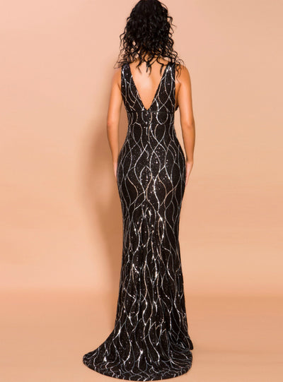 Black Sexy V-neck Sling Banquet Long Sequined Dress