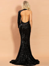 Single Shoulder Banquet Evening Dress Solid Color Sequins