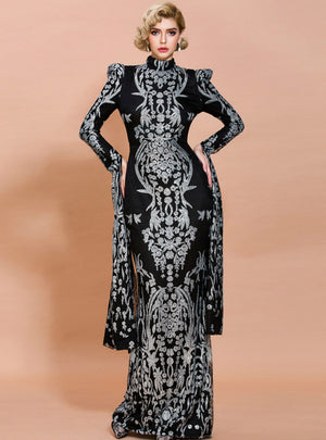 Palace Long Sleeve Tuxedo Sequins Party Dress