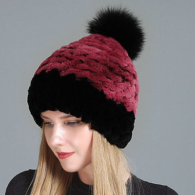 Women's Rex Fur Hat Fox Fur Ball Wool Hat