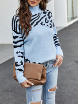 Loose and Long Turtleneck Leopard-print Sweater