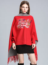 Embroidered Tassel Knitted Shawl Cloak Bat Sleeve