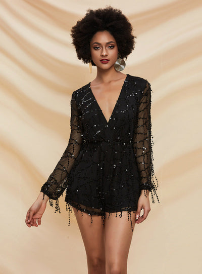 Sexy V-neck Tassel Sequined Long-sleeved Jumpsuit