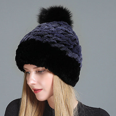 Women's Rex Fur Hat Fox Fur Ball Wool Hat