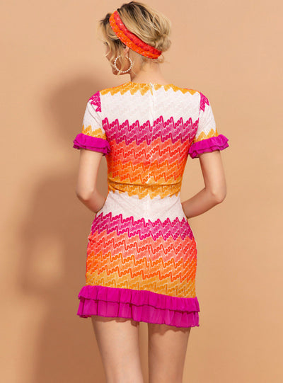 Wave Stripes Contrast Fashion Ruffled Short Sleeve Skirt